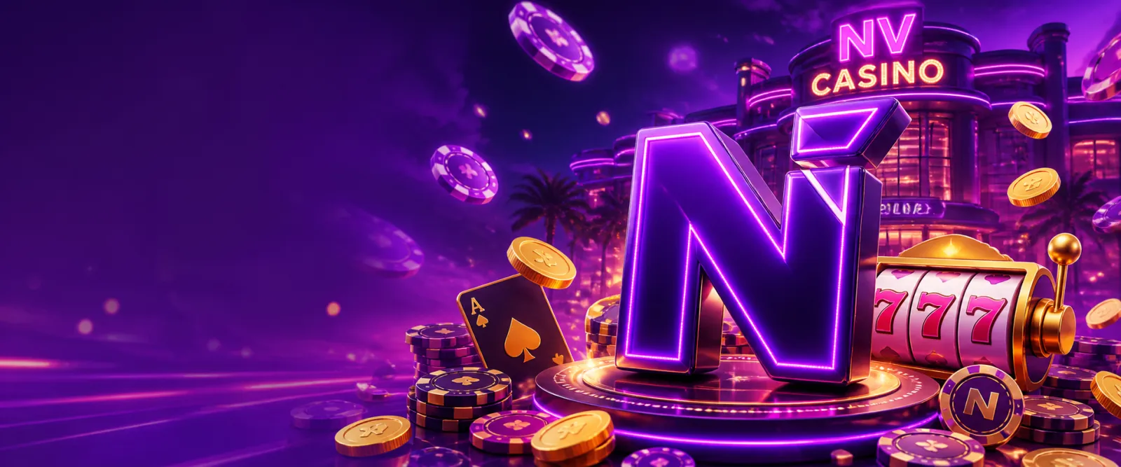 Promotional image with purple-magenta neon theme for NV Casino reflecting modern luxury and stylish atmosphere