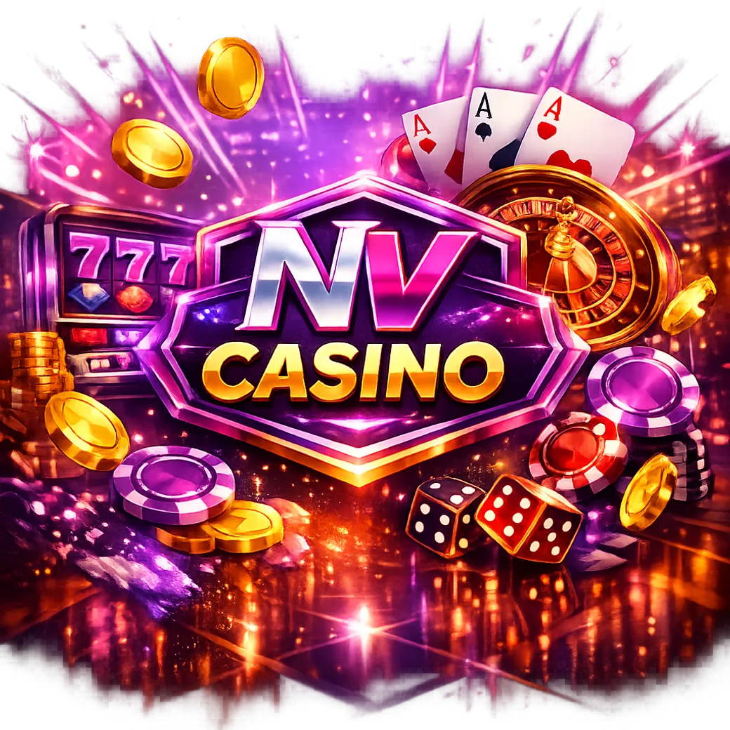 Dynamic promotional image for NV Casino with purple-magenta neon and luxury atmosphere.